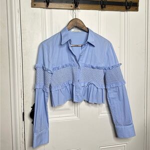 Cedric Charlier luxury fashion brand Long Sleeve Crop Top - Blue Tops, , Size S